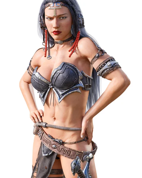 Savaşçı amazon kadını kılıç ile. Uzun siyah saçlı. Kaslı atletik vücut. Kız ayakta samimi kışkırtıcı agresif poz. Kavramsal moda sanat. Gerçekçi 3d render illüstrasyon izole et. Merhaba anahtar.