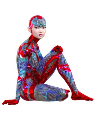 Cyborg droid robot kadın fütüristik metalik neon takım. Squama zırh. Abartılı moda sanat. Kız ayakta samimi kışkırtıcı poz. Gerçekçi 3d render izole illustration.Comic kahraman.