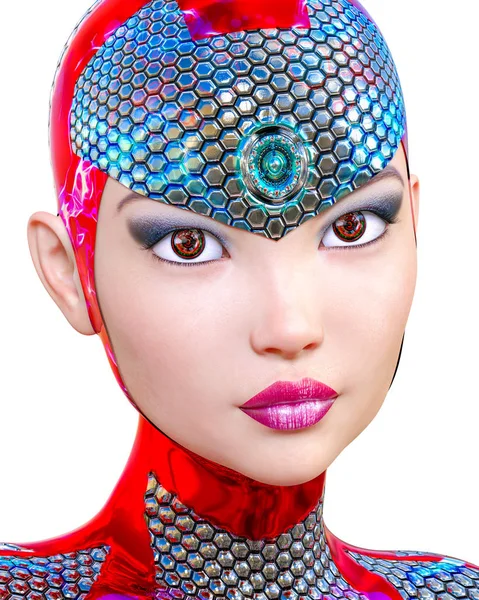 赛博格机器人机器人女子未来主义金属霓虹灯西装 斯夸马盔甲奢华的时尚艺术 女孩站在坦率的挑衅姿势 逼真的3D 渲染隔离插图 — 图库照片