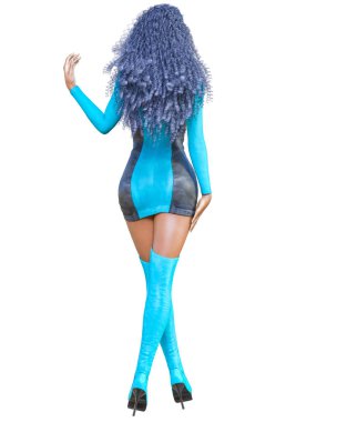3D güzel uzun boylu kadın deri mini elbise uzun çizmeler. Süet, chamois, ham, shammy. Kız stüdyo fotoğrafçılığı. Yüksek topuk. Kavramsal moda sanat. Baştan çıkarıcı samimi poz. Gerçekçi render illüstrasyon. 