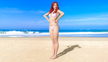 3D güzel kızıl saçlı kadın beyaz mayo bikini deniz plajında. Yaz dinlenme. Mavi okyanus arka plan. Güneşli bir gün. Kavramsal moda sanat. Baştan çıkarıcı samimi poz. Gerçekçi render illüstrasyon.