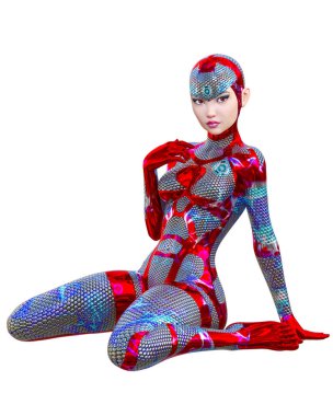 Cyborg droid robot kadın fütüristik metalik neon takım. Squama zırh. Abartılı moda sanat. Kız ayakta samimi kışkırtıcı poz. Gerçekçi 3d render izole illustration.Comic kahraman.
