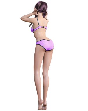 3D güzel yaz plaj kadın mayo bikini. Yaz dinlenme. Kavramsal moda sanat. Baştan çıkarıcı samimi poz. Gerçekçi render illüstrasyon. İzole