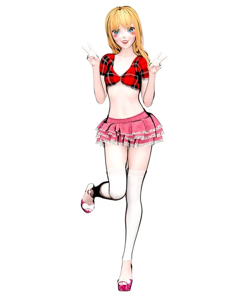 性感的动漫3D 娃娃日本动漫女学生大蓝眼睛 红色牛仔裤短裙裙子衬衫 动画片 漫画插图 概念时尚艺术 隔离弹出式插槽的插图 — 图库照片
