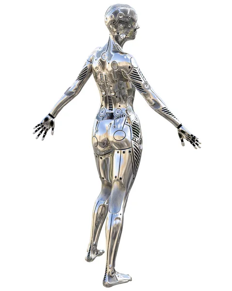 Dance robot woman. Metal shiny silver droid. Artificial Intelligence. Conceptual fashion art. Realistic 3D render illustration. Studio, isolate, high key.