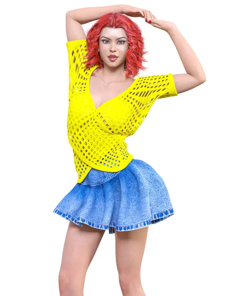 Long-haired brunette woman short summer blue denim skirt.Yellow light transparent mesh blouse.Beautiful girl standing sexually pose.3D rendering isolate illustration.Spring-summer clothes collection