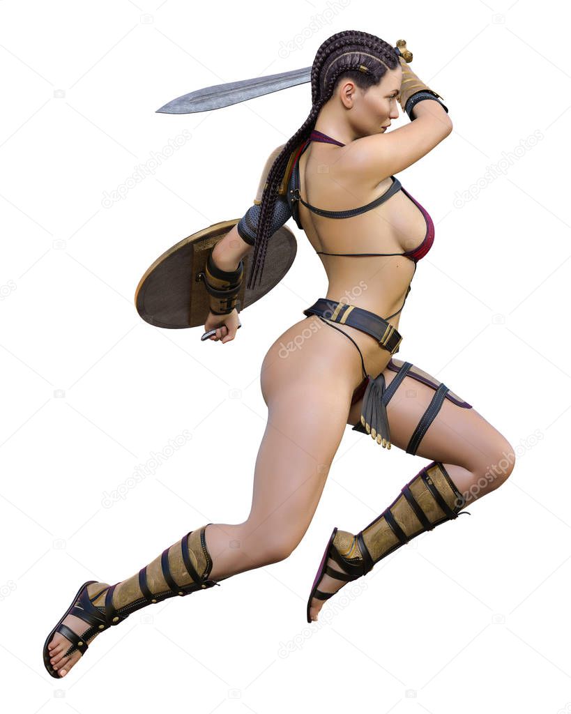 Warrior amazon woman with sword and shield. Long dark hair. Muscular athletic body. Girl standing candid provocative aggressive pose. Conceptual fashion art. Realistic 3D rendering isolate illustration. Hi key.