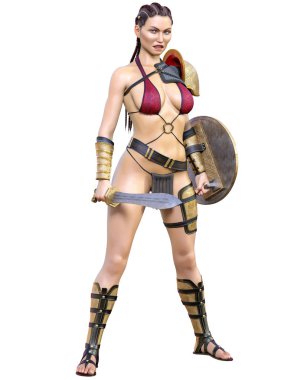 Savaşçı amazon kadın kılıç ve kalkan. Uzun siyah saçlı. Kaslı atletik vücut. Kız ayakta samimi kışkırtıcı agresif poz. Kavramsal moda sanat. Gerçekçi 3d render illüstrasyon izole