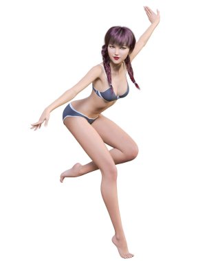 3D güzel yaz plaj sarışın kadın mavi mayo bikini. Yaz dinlenme. Kavramsal moda sanat. Baştan çıkarıcı samimi poz. Gerçekçi render illüstrasyon. İzole