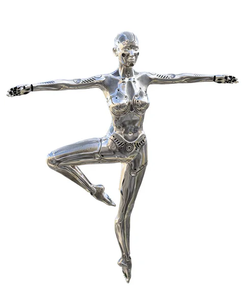 Mujer Robot Baile Droide Plateado Brillante Metal Inteligencia Artificial Arte — Foto de Stock