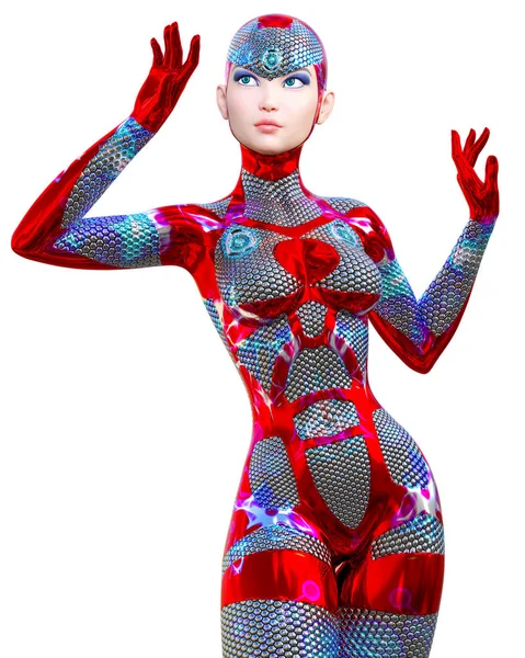 Cyborg Droid Roboter Frau Futuristische Metallische Neon Suit Squama Armor — Stockfoto