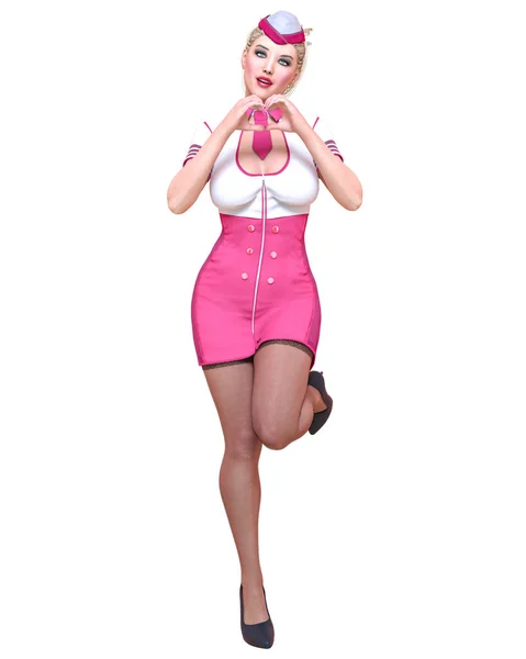 Beautiful Woman Stewardess Air Hostess Flight Girl Short White Pink — Stock Photo, Image