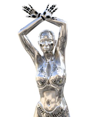 Dans robot kadın. Metal parlak gümüş droid. Yapay zeka. Kavramsal moda sanat. Gerçekçi 3d render illüstrasyon. Stüdyo, ayrı tutma, yüksek anahtar.