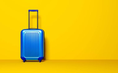 Pastel arka plan bavula. Seyahat Bagaj konsepti. En az tarzı. Uzay kopyalayın. Tatil, dinlenme, dinlenme, rahatlama. 3D render illüstrasyon