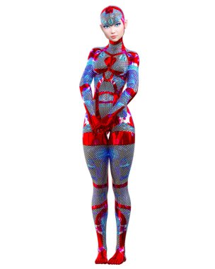 Cyborg droid robot kadın fütüristik metalik neon takım. Squama zırh. Abartılı moda sanat. Kız ayakta samimi kışkırtıcı poz. Gerçekçi 3d render izole illustration.Comic kahraman.