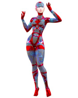 Cyborg droid robot kadın fütüristik metalik neon takım. Squama zırh. Abartılı moda sanat. Kız ayakta samimi kışkırtıcı poz. Gerçekçi 3d render izole illustration.Comic kahraman.