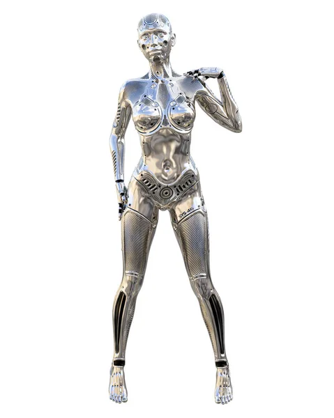 Mujer Robot Baile Droide Plateado Brillante Metal Inteligencia Artificial Arte —  Fotos de Stock