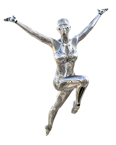 Kobieta Robot Dance Metal Błyszczący Srebrny Droid Sztuczna Inteligencja Sztuka — Zdjęcie stockowe