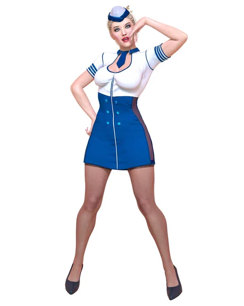 Beautiful woman Stewardess.Air hostess flight girl.Short white and blue dress, black stocking.Conceptual fashion art.Green eyes.Seductive candid pose.Realistic 3D render illustration.Isolate, high key