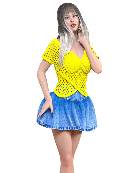 Long-haired brunette woman short summer blue denim skirt.Yellow light transparent mesh blouse.Beautiful girl standing sexually pose.3D rendering isolate illustration.Spring-summer clothes collection