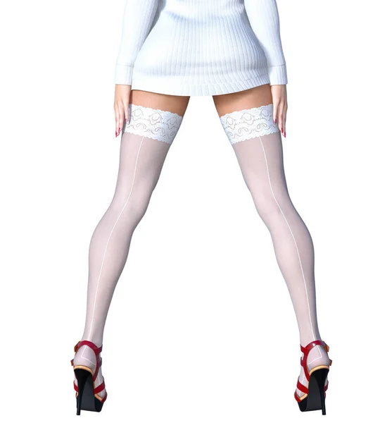 Schöne Lange Schlanke Sexy Weibliche Beine Kurze Weiße Rockstrümpfe Oberbekleidung — Stockfoto