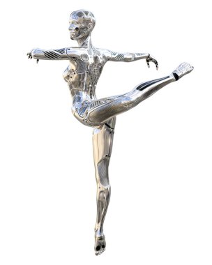 Dans robot kadın. Metal parlak gümüş droid. Yapay zeka. Kavramsal moda sanat. Gerçekçi 3d render illüstrasyon. Stüdyo, ayrı tutma, yüksek anahtar.