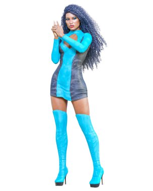 3D güzel uzun boylu kadın deri mini elbise uzun çizmeler. Süet, chamois, ham, shammy. Kız stüdyo fotoğrafçılığı. Yüksek topuk. Kavramsal moda sanat. Baştan çıkarıcı samimi poz. Gerçekçi render illüstrasyon. 