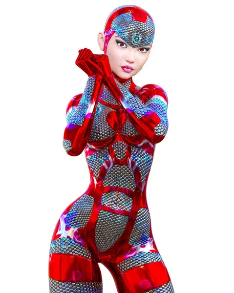 Cyborg Droid Ρομπότ Γυναίκα Φουτουριστικό Μεταλλικό Νέον Κοστούμι Πανοπλία Λέπι — Φωτογραφία Αρχείου