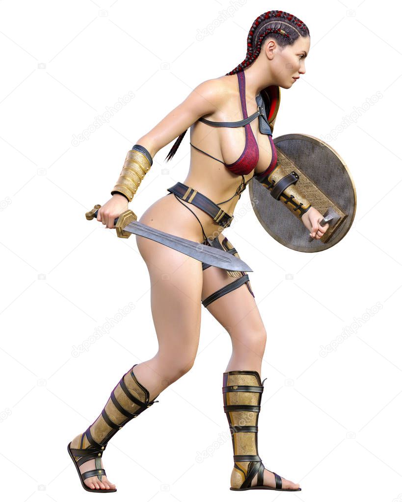 Warrior amazon woman  sword and shield. Long dark hair. Muscular athletic body. Girl standing candid provocative aggressive pose. Conceptual fashion art. Realistic 3D rendering isolate illustration