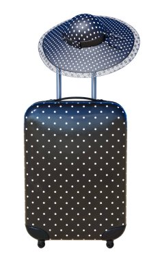 Güneş şapkası ile bavul. Seyahat Bagaj konsepti. En az tarzı. Tatil, dinlenme, dinlenme, rahatlama. 3D render illüstrasyon izole