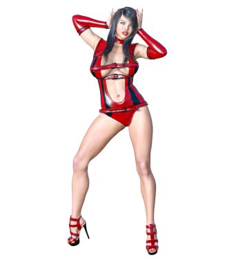 Uzun boylu seksi kadın minimalist abartılı seksi lateks vücut Suite. Kavramsal moda sanat. Baştan çıkarıcı samimi poz. Gerçekçi 3d render illüstrasyon. Stüdyo, yüksek anahtar.