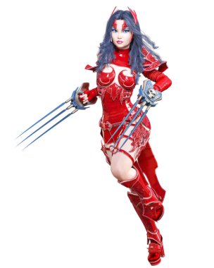 Savaşçı amazon kadın kılıç ve metal bıçak. Uzun koyu saçlı. Elf savaşçısı.Komik kahraman. Kaslı atletik vücut. Kız agresif poz ayakta. Kavramsal moda art.3d render izole illüstrasyon