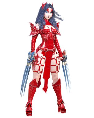 Savaşçı amazon kadın kılıç ve metal bıçak. Uzun koyu saçlı. Elf savaşçısı.Komik kahraman. Kaslı atletik vücut. Kız agresif poz ayakta. Kavramsal moda art.3d render izole illüstrasyon