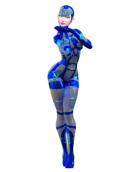 Cyborg Droid Roboter Frau Futuristische Metallische Neon Suit Squama Armor — Stockfoto