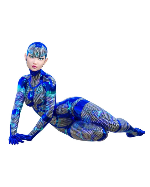 Cyborg Robot Androide Mujer Futurista Traje Neón Metálico Armadura Squama — Foto de Stock