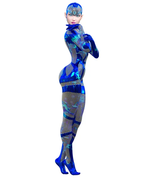 Cyborg Droid Robot Kadın Fütüristik Metalik Neon Takım Squama Zırh — Stok fotoğraf