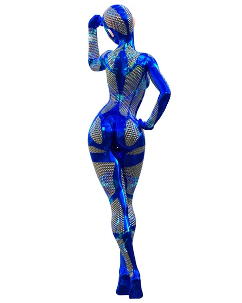 Cyborg Droid Robot Woman Futuristic Metallic Neon Suit Squama Armor — Stock Photo, Image