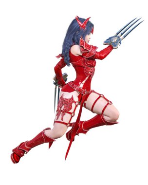 Savaşçı amazon kadın kılıç ve metal bıçak. Uzun koyu saçlı. Elf savaşçısı.Komik kahraman. Kaslı atletik vücut. Kız agresif poz ayakta. Kavramsal moda art.3d render izole illüstrasyon