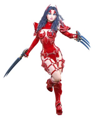 Savaşçı amazon kadın kılıç ve metal bıçak. Uzun koyu saçlı. Elf savaşçısı.Komik kahraman. Kaslı atletik vücut. Kız agresif poz ayakta. Kavramsal moda art.3d render izole illüstrasyon