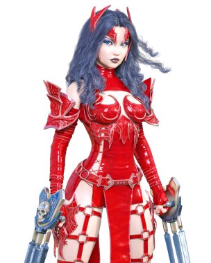 Savaşçı amazon kadın kılıç ve metal bıçak. Uzun koyu saçlı. Elf savaşçısı.Komik kahraman. Kaslı atletik vücut. Kız agresif poz ayakta. Kavramsal moda art.3d render izole illüstrasyon