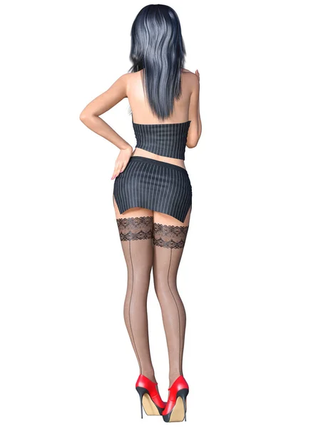 Long Haired Sexy Brunette Secretary Uniform Black Stocking Short Mini — Stock Photo, Image
