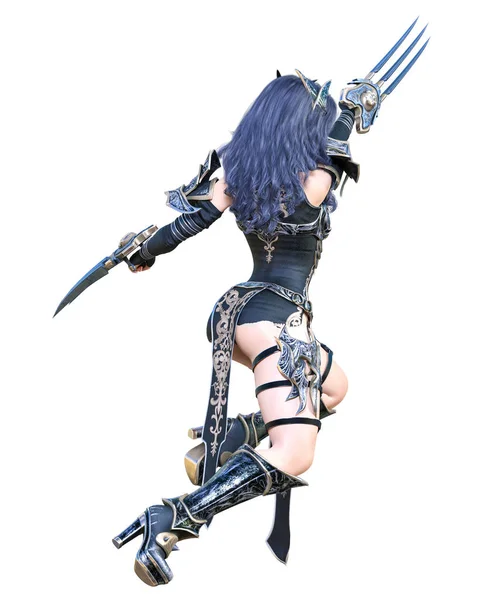 Warrior amazon woman sword and metal blade.Long dark hair.Elven warrior.Comic hero.Muscular athletic body.Girl standing aggressive pose.Conceptual fashion art.3D rendering isolate illustration