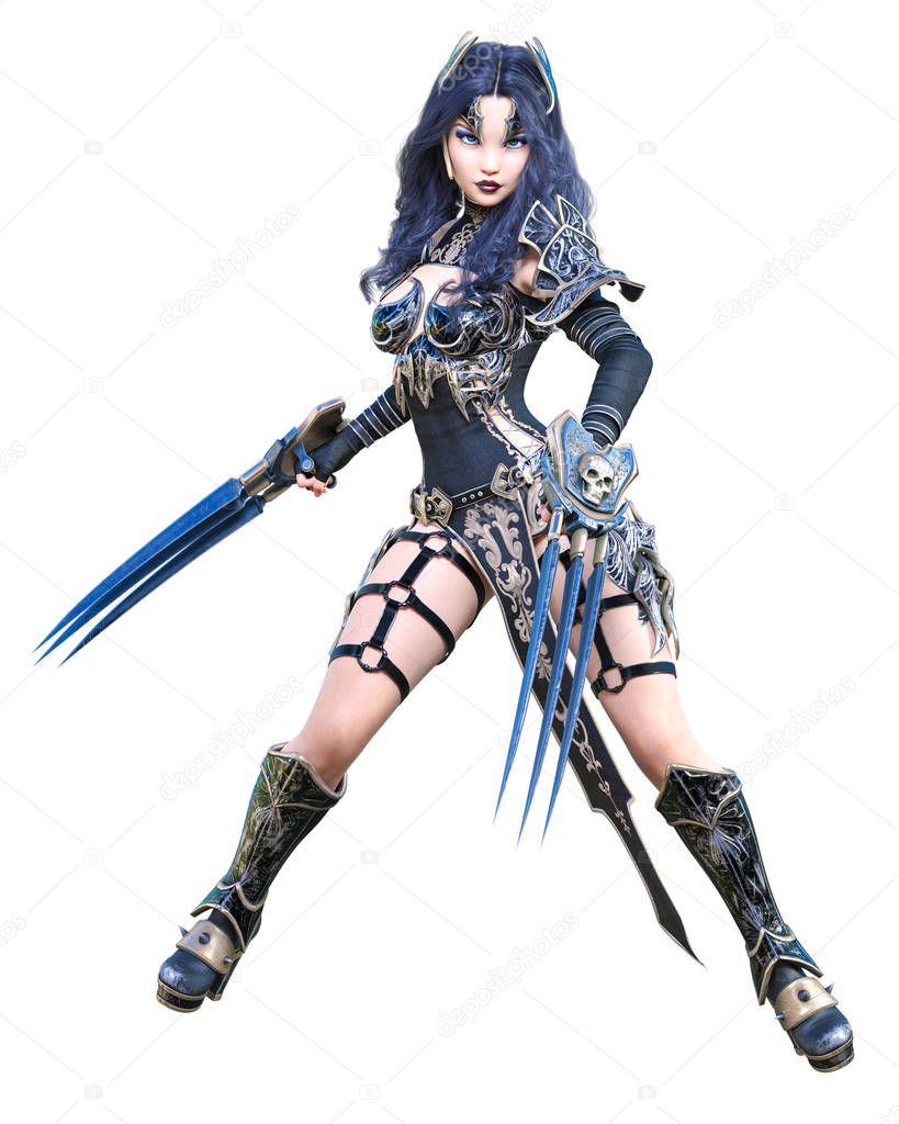 Warrior amazon woman sword and metal blade.Long dark hair.Elven warrior.Comic hero.Muscular athletic body.Girl standing aggressive pose.Conceptual fashion art.3D rendering isolate illustration