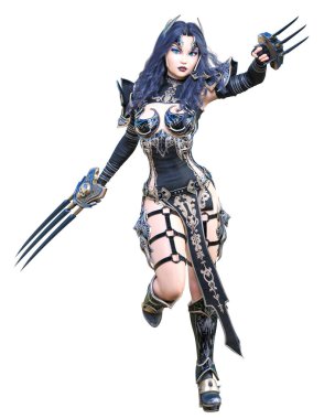 Savaşçı amazon kadın kılıç ve metal bıçak. Uzun koyu saçlı. Elf savaşçısı.Komik kahraman. Kaslı atletik vücut. Kız agresif poz ayakta. Kavramsal moda art.3d render izole illüstrasyon
