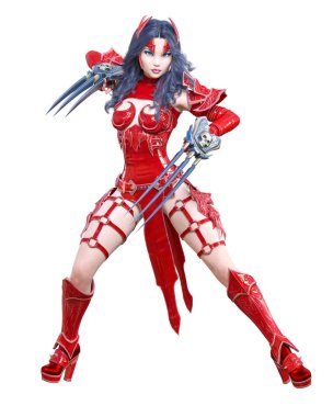 Savaşçı amazon kadın kılıç ve metal bıçak. Uzun koyu saçlı. Elf savaşçısı.Komik kahraman. Kaslı atletik vücut. Kız agresif poz ayakta. Kavramsal moda art.3d render izole illüstrasyon
