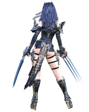 Savaşçı amazon kadın kılıç ve metal bıçak. Uzun koyu saçlı. Elf savaşçısı.Komik kahraman. Kaslı atletik vücut. Kız agresif poz ayakta. Kavramsal moda art.3d render izole illüstrasyon