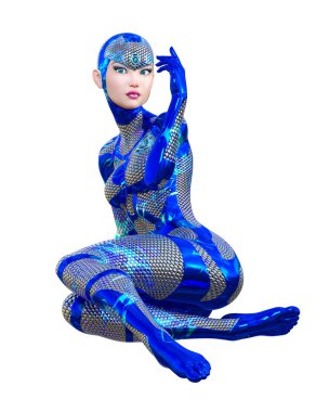 Cyborg droid robot kadın fütüristik metalik neon takım. Squama zırh. Abartılı moda sanat. Kız ayakta samimi kışkırtıcı poz. Gerçekçi 3d render izole illustration.Comic kahraman.