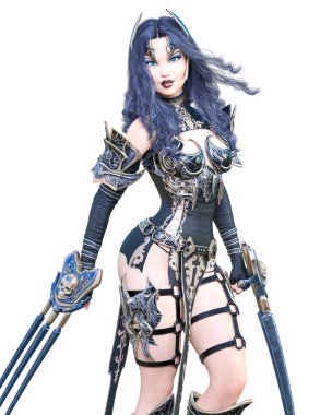 Savaşçı amazon kadın kılıç ve metal bıçak. Uzun koyu saçlı. Elf savaşçısı.Komik kahraman. Kaslı atletik vücut. Kız agresif poz ayakta. Kavramsal moda art.3d render izole illüstrasyon