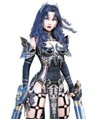 Savaşçı amazon kadın kılıç ve metal bıçak. Uzun koyu saçlı. Elf savaşçısı.Komik kahraman. Kaslı atletik vücut. Kız agresif poz ayakta. Kavramsal moda art.3d render izole illüstrasyon