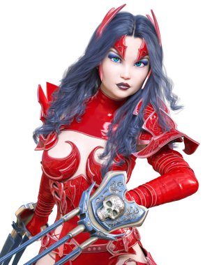 Savaşçı amazon kadın kılıç ve metal bıçak. Uzun koyu saçlı. Elf savaşçısı.Komik kahraman. Kaslı atletik vücut. Kız agresif poz ayakta. Kavramsal moda art.3d render izole illüstrasyon